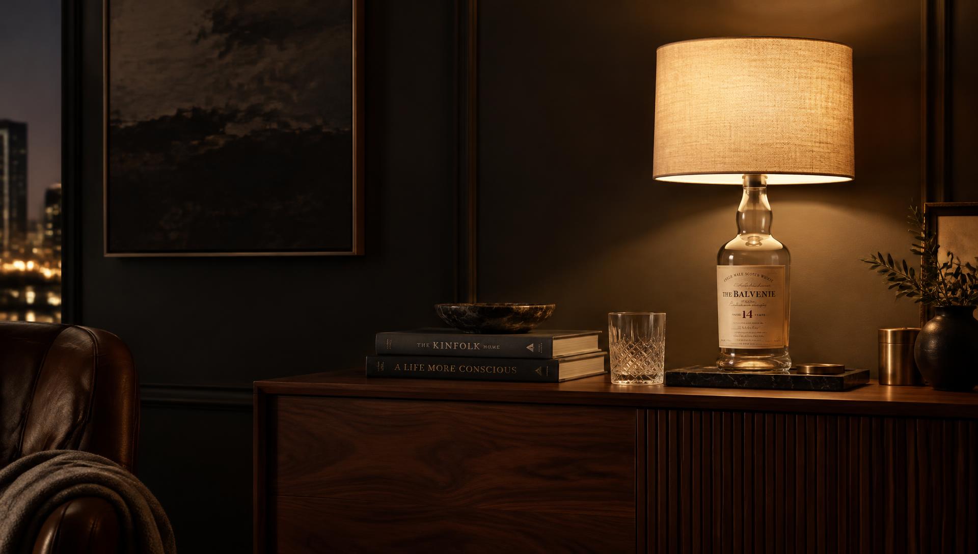 Sideboard: Whisky bottle on a walnut sideboard