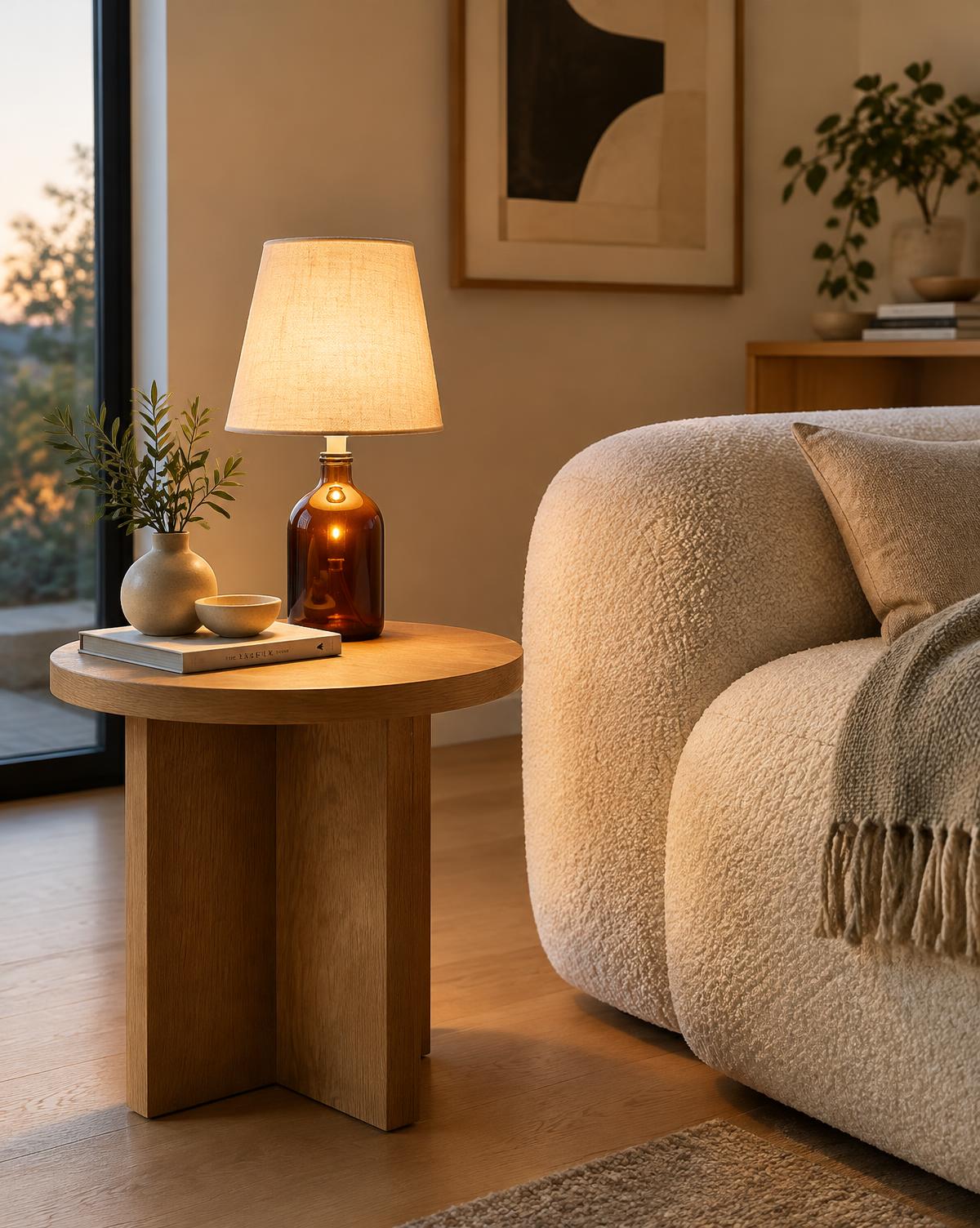 Après Neuf lamp on a living room side table